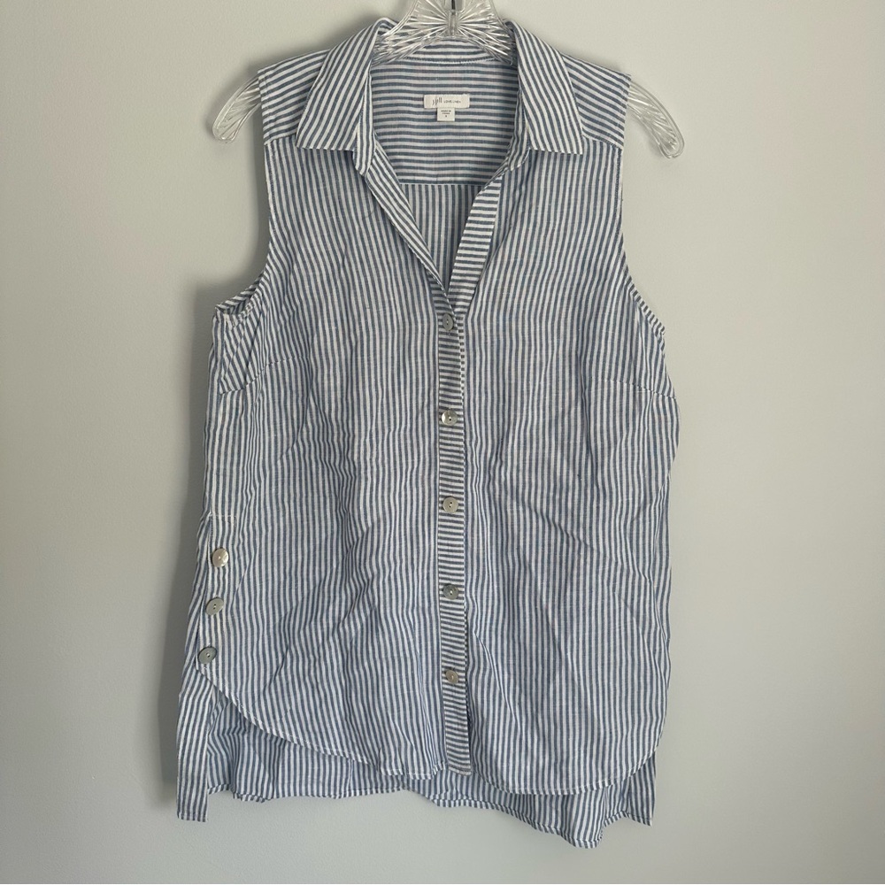 J. Jill Love Linen Blue & White stripe Side Button Sleeveless Button Down Shirt